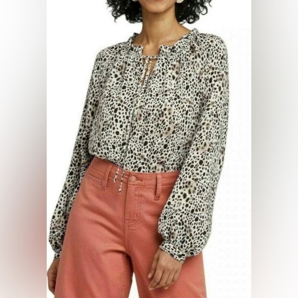A New Day/ Womens Long Sleeve Cheetah Print Peasant Blouse, Black/White - Picture 1 of 9